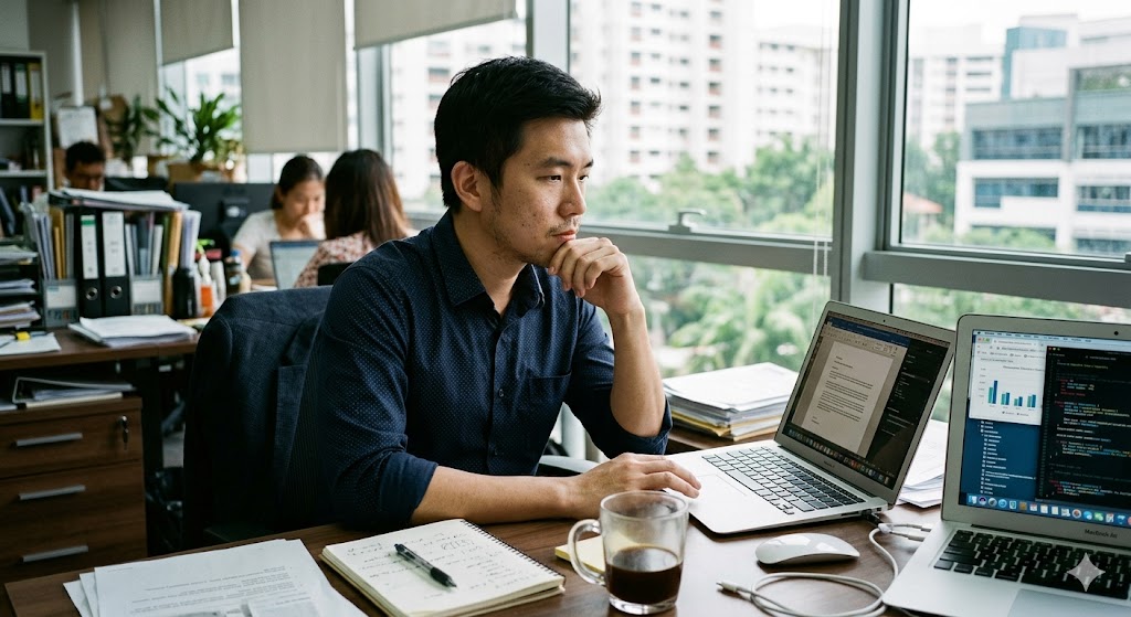 A concerned but focused Asian professional in their 30s sitting thoughtfully at a messy office desk in Singapore looking at a laptop screen