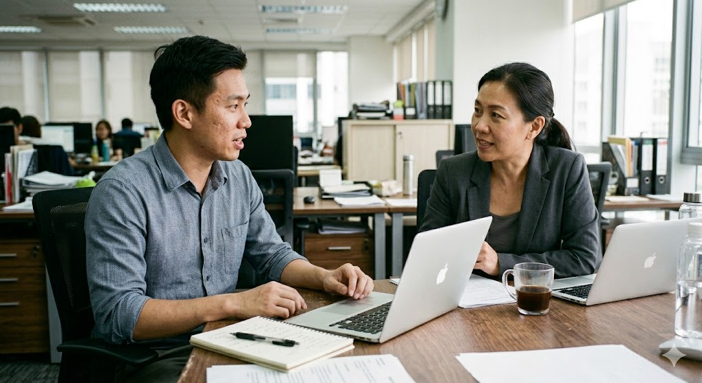 A candid documentary-style photo of a Singaporean professional and a career coach having an unposed conversation across an office desk