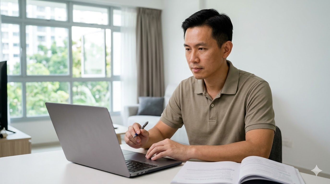 Reskilling with SkillsFuture Courses A focused Singaporean man in his 40s reskilling by learning Python coding