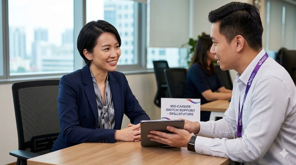 Singapore Mid-Career Switch Consultation A professional Singaporean woman smiling during a career consultation