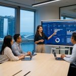 A smiling Singaporean woman working as a data analyst with colleagues