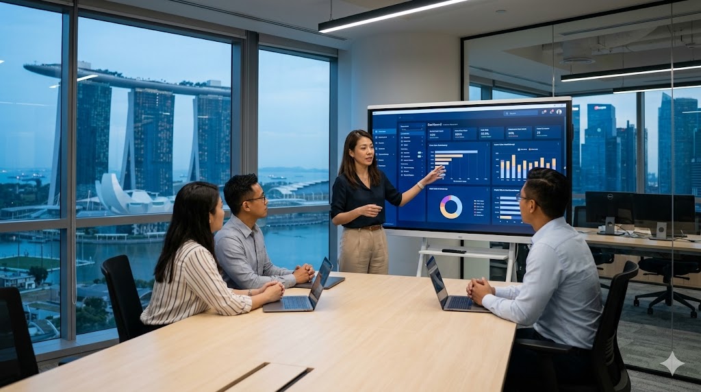 A smiling Singaporean woman working as a data analyst with colleagues