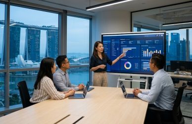 A smiling Singaporean woman working as a data analyst with colleagues